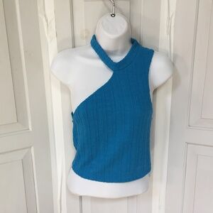 Zara Blue Sweater Knit Asymmetric One Shoulder Crop Top